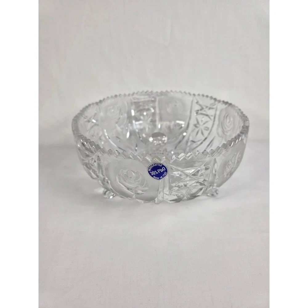 Handcrafted Italian Crystal Bowl 30% PbO Lead Glass Floral Footed‎ Sawtooth Rim